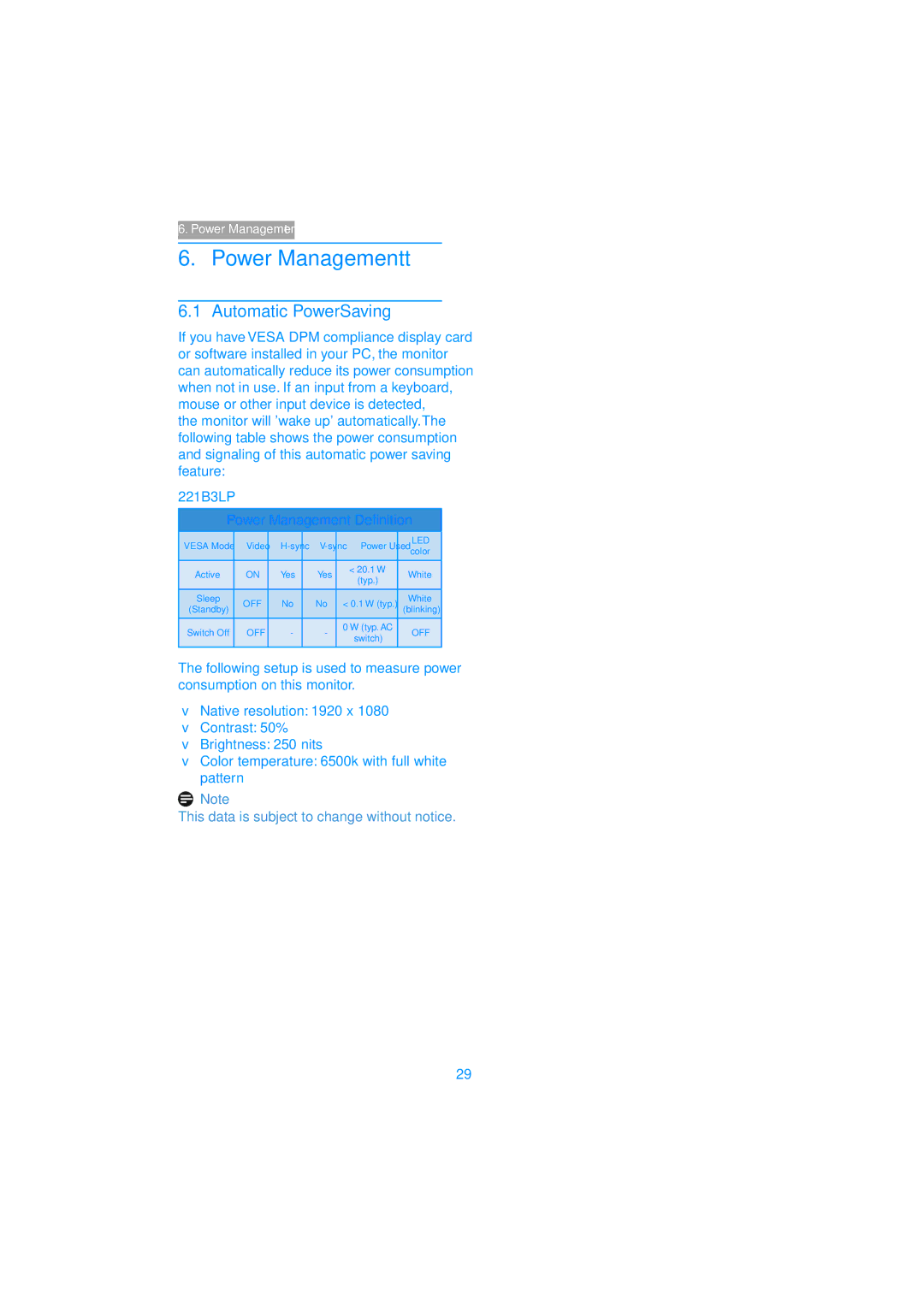 Philips 221B3 user manual Power Managementt, Automatic PowerSaving 