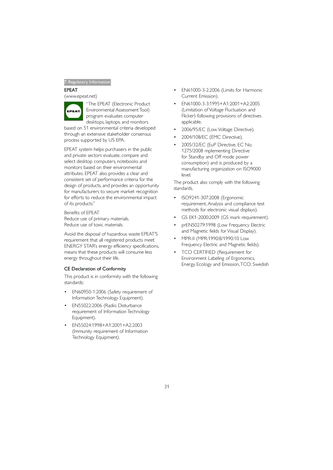 Philips 221B3 user manual Epeat Electronic Product,  EN61000-3-22006 Limits for Harmonic Current Emission 