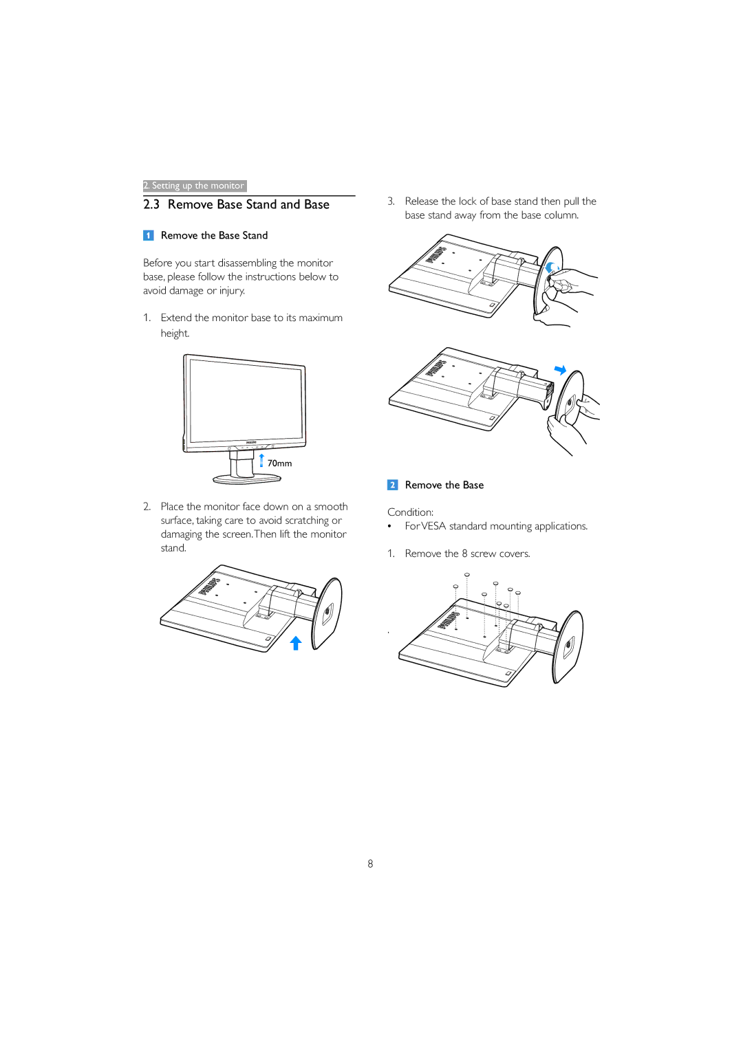 Philips 221B3 user manual Remove Base Stand and Base, Remove the Base Stand, Extend the monitor base to its maximum height 