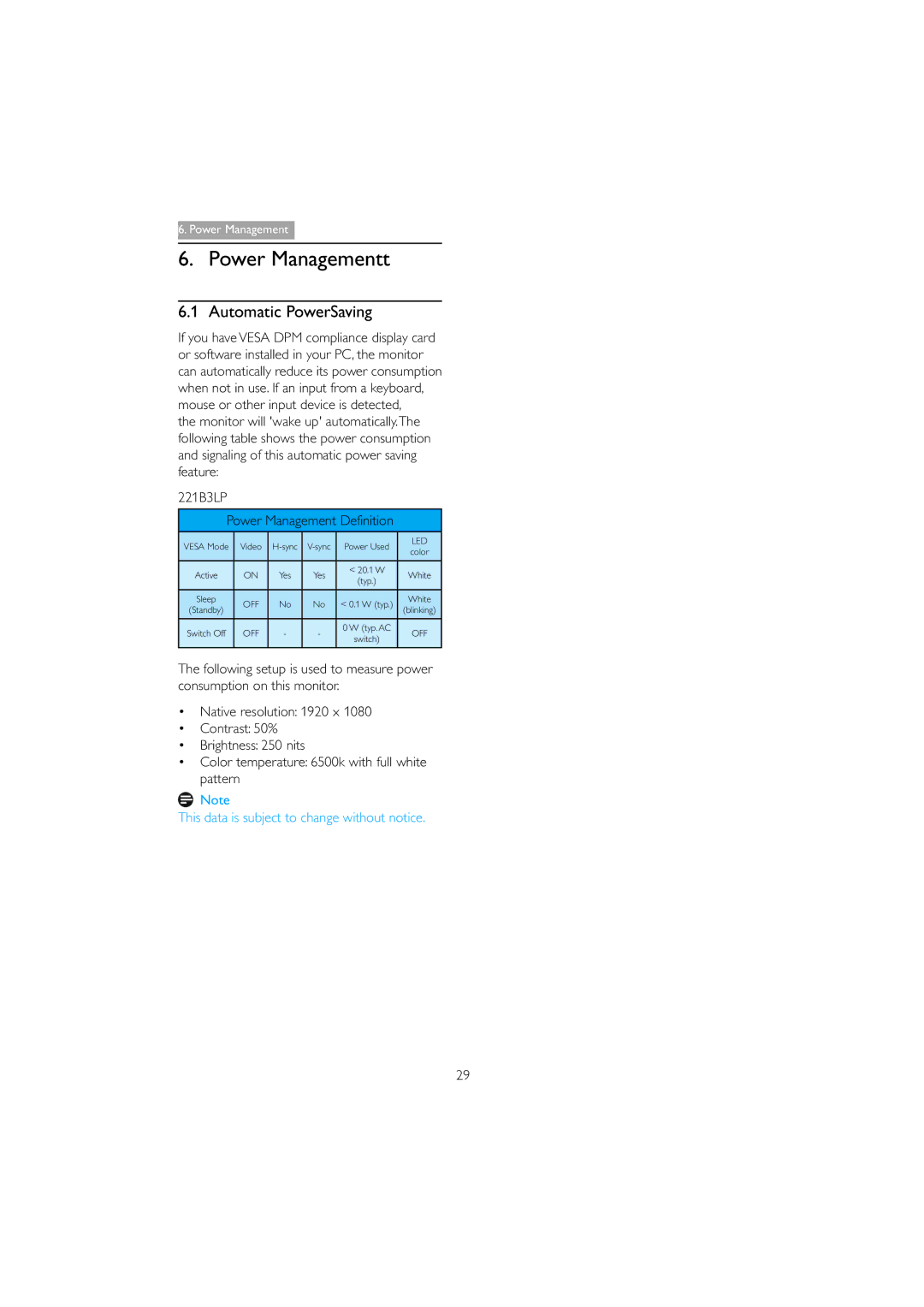 Philips 221B3 user manual Power Managementt, Automatic PowerSaving 