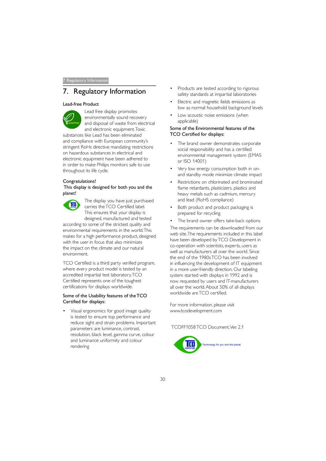 Philips 221B3 user manual Regulatory Information, Lead-free Product, Impact on the climate and our natural environment 