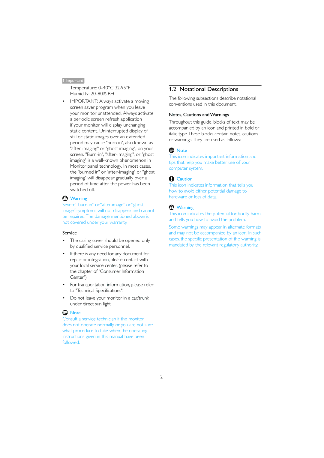 Philips 221B3 user manual Notational Descriptions, Temperature 0-40C 32-95F Humidity 20-80% RH 