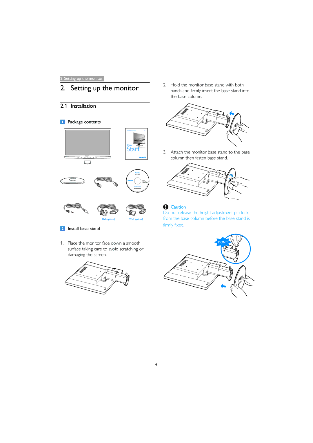 Philips 221B3 user manual Setting up the monitor, Installation, Package contents 