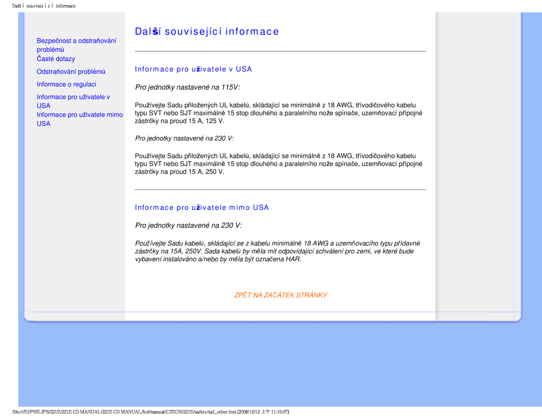 Philips 221E user manual Další související informace, Informace pro uživatele v USA, Informace pro uživatele mimo USA 