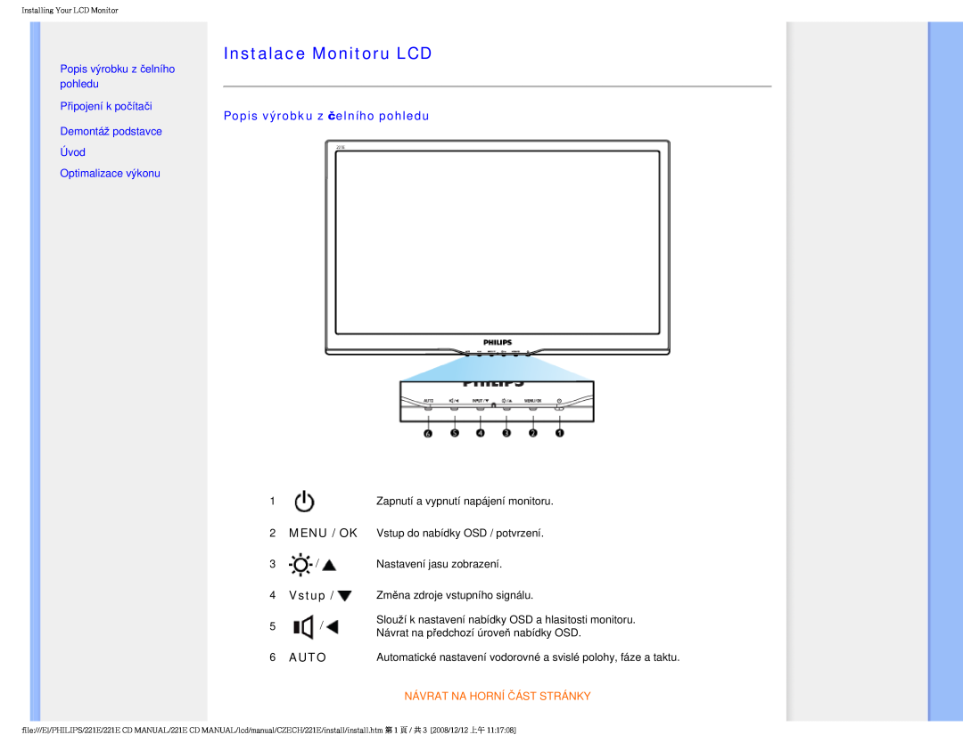 Philips 221E Instalace Monitoru LCD, Popis výrobku z čelního pohledu, Menu / Ok, Vstup, Auto, Návrat Na Horní Část Stránky 
