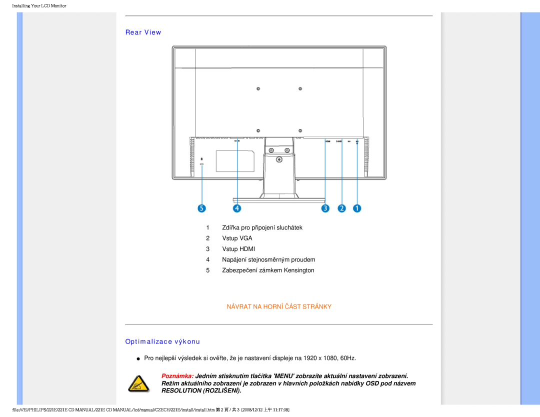 Philips 221E user manual Rear View, Optimalizace výkonu, Návrat Na Horní Část Stránky 