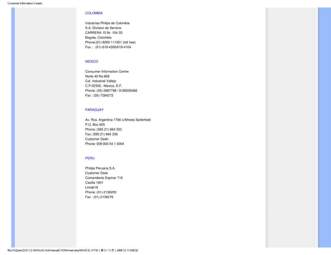 Philips 221E user manual Colombia, Mexico, Paraguay, Peru 