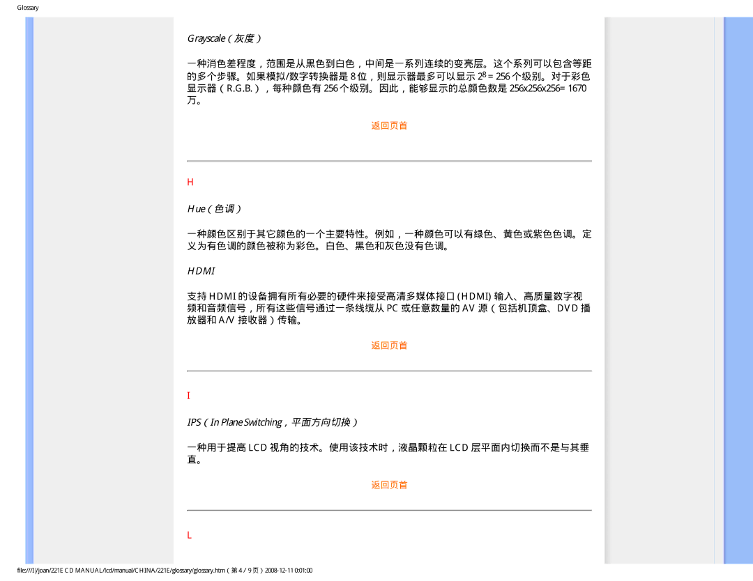 Philips 221E Grayscale（灰度）, Hue（色调）, IPS（In Plane Switching，平面方向切换）, 一种用于提高 Lcd 视角的技术。使用该技术时，液晶颗粒在 Lcd 层平面内切换而不是与其垂 直。 