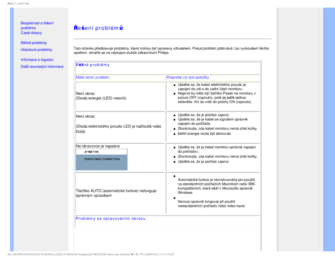 Philips 221E user manual Řešení problémů 