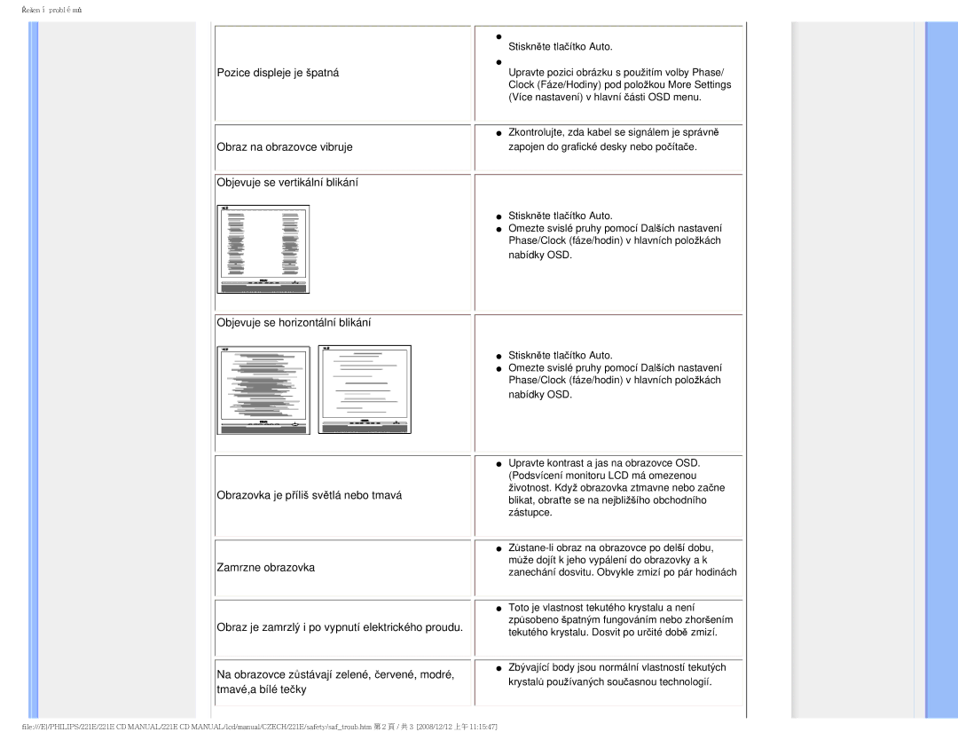 Philips 221E user manual Obraz na obrazovce vibruje 