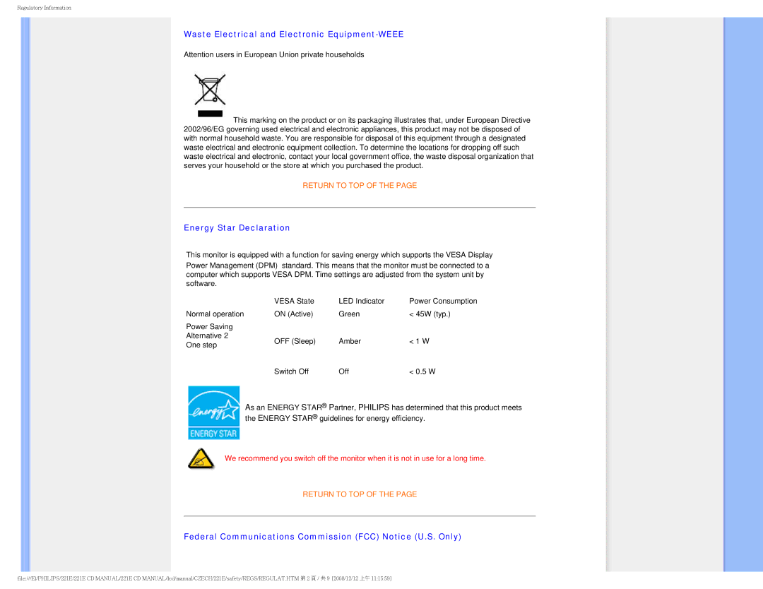 Philips 221E user manual Waste Electrical and Electronic Equipment-WEEE 