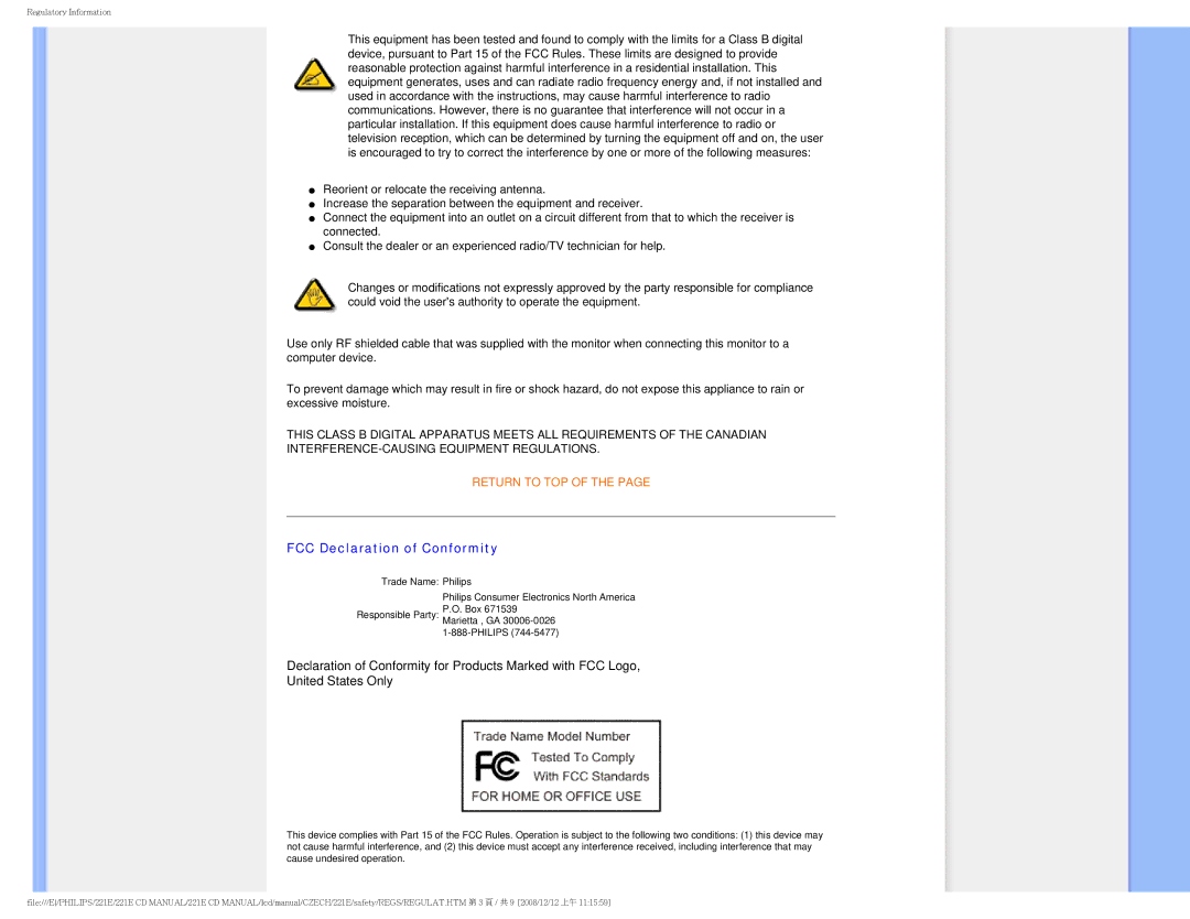 Philips 221E user manual FCC Declaration of Conformity 