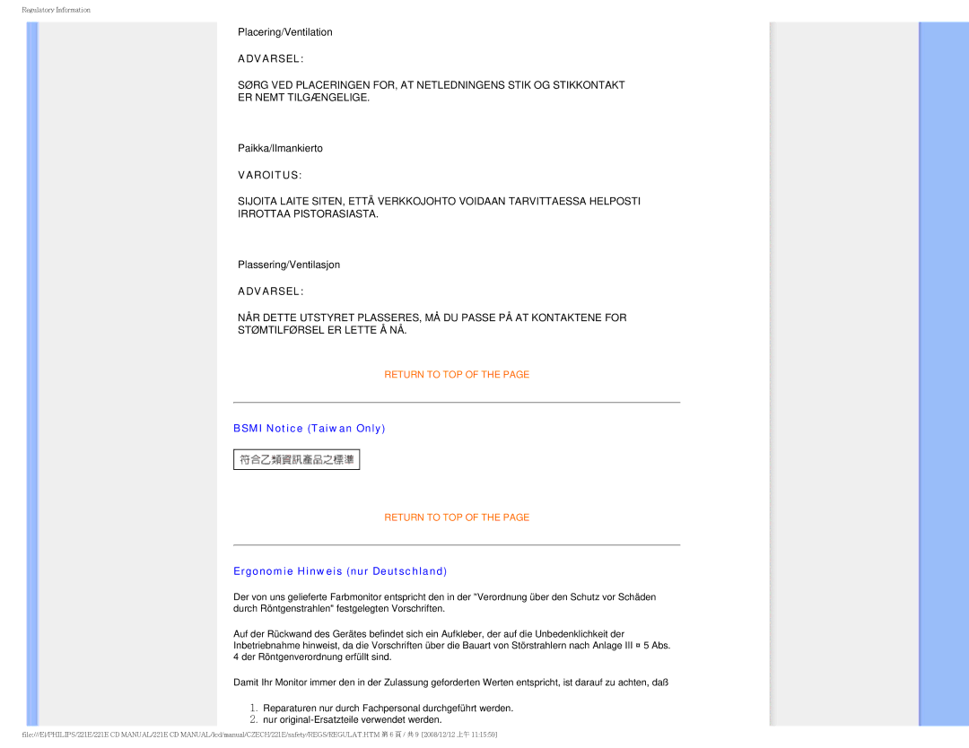 Philips 221E user manual Varoitus 