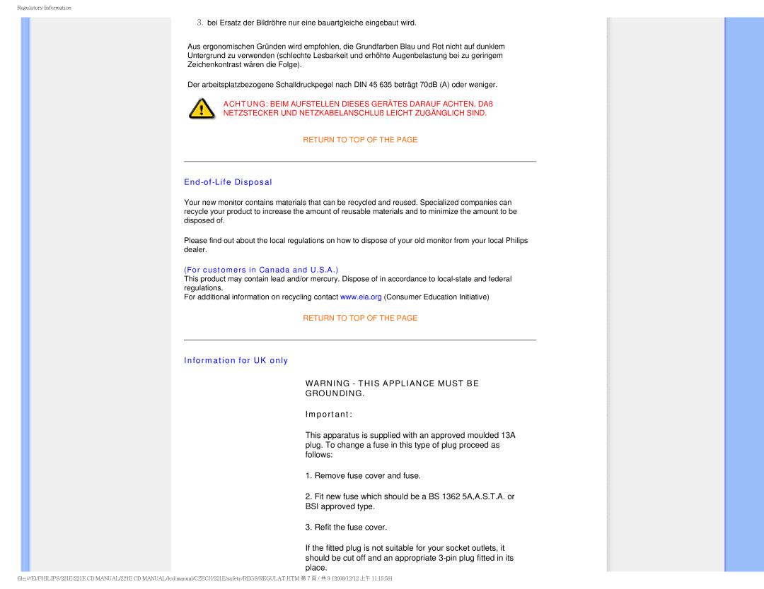 Philips 221E user manual Grounding 