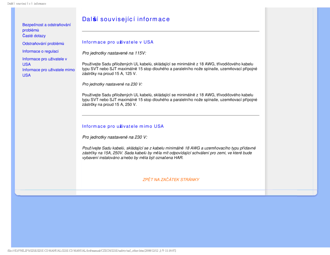 Philips 221E user manual Další související informace, Informace pro uživatele v USA, Informace pro uživatele mimo USA, Usa 