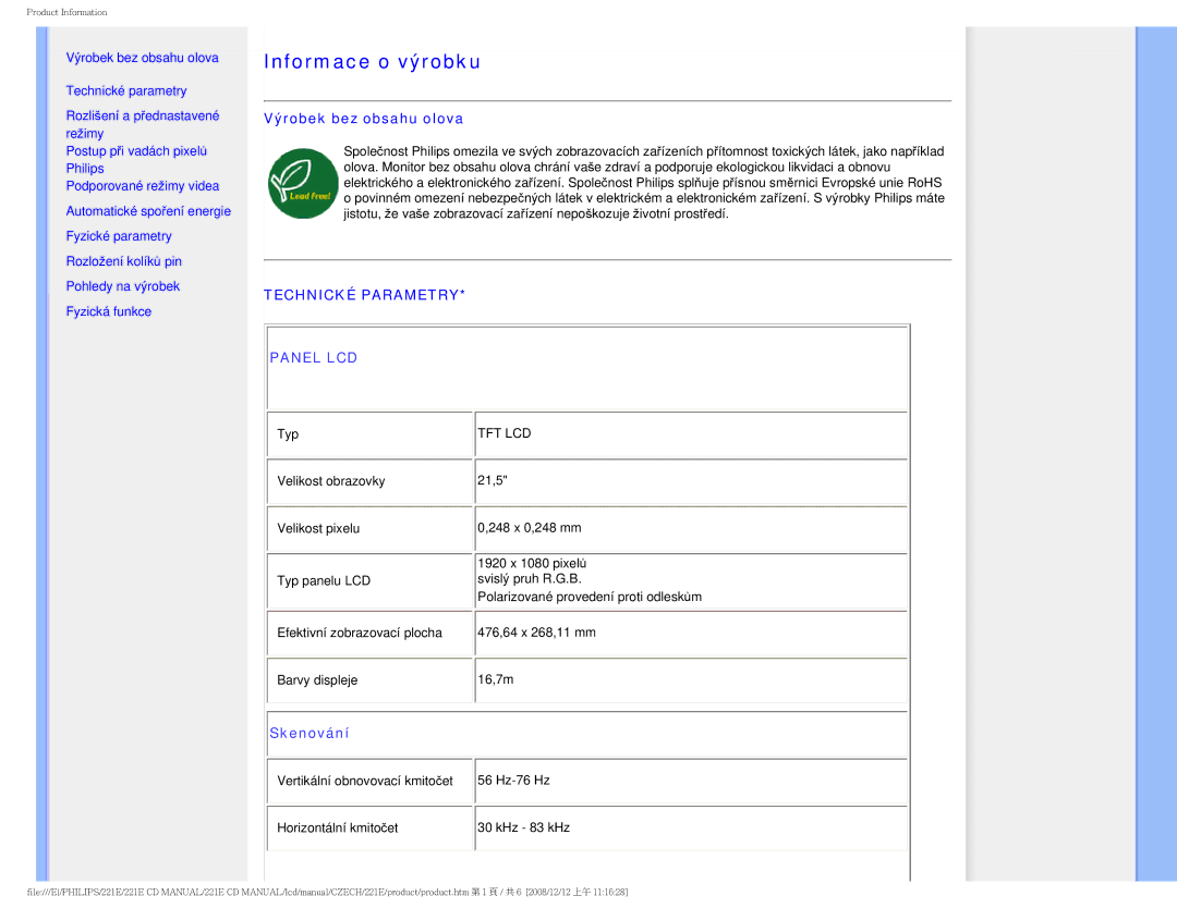 Philips 221E user manual Informace o výrobku, Výrobek bez obsahu olova 