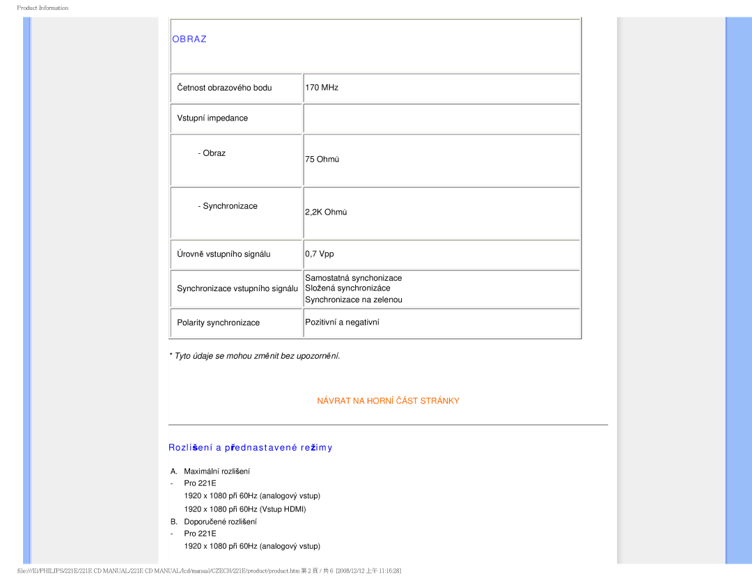 Philips 221E user manual Obraz, Rozlišení a přednastavené režimy 