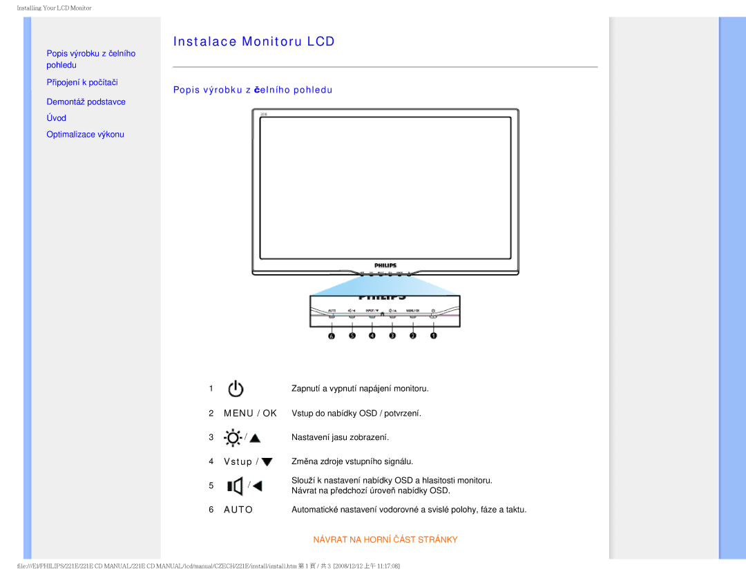 Philips 221E user manual Popis výrobku z čelního pohledu, Vstup 