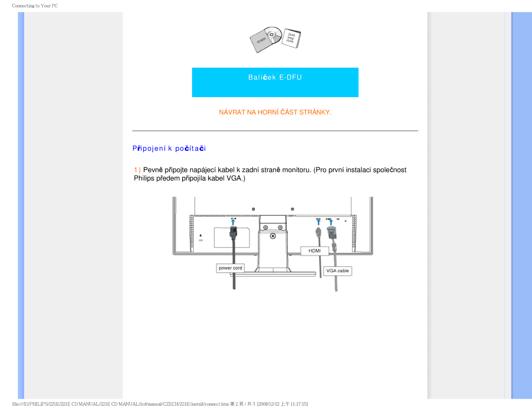 Philips 221E user manual Balíček E-DFU, Připojení k počítači 