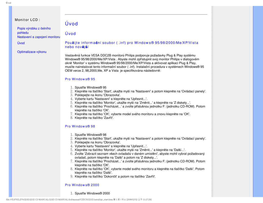 Philips 221E user manual Úvod, Pro Windows 