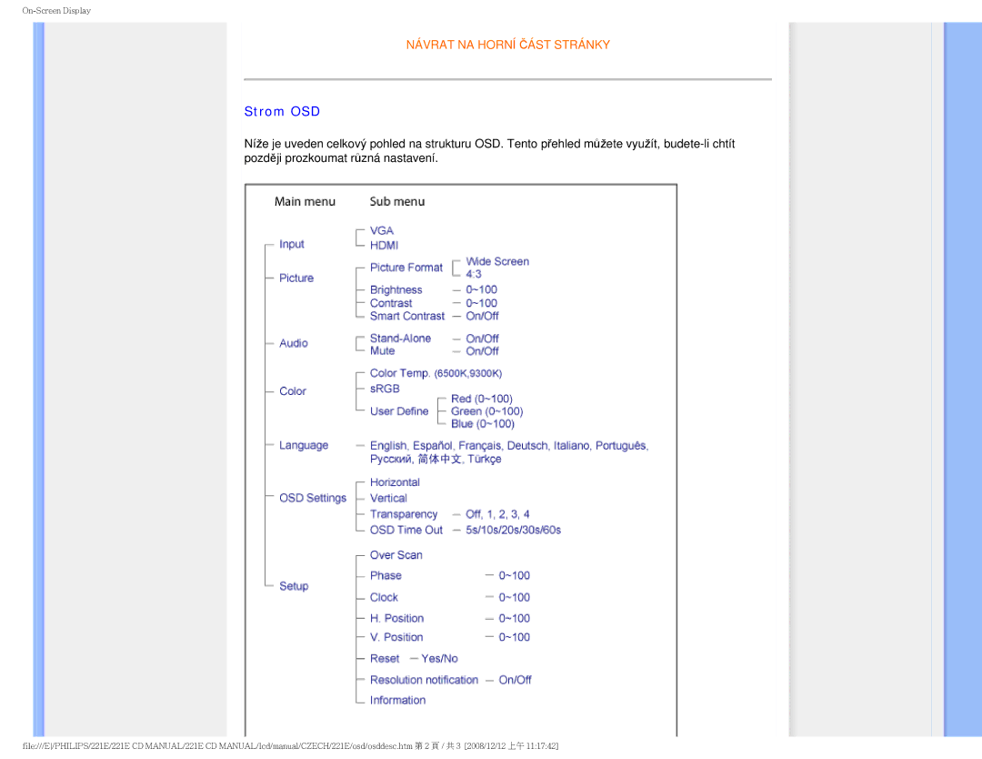 Philips 221E user manual Strom OSD 