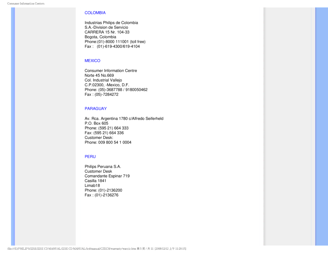 Philips 221E user manual Colombia, Mexico, Paraguay, Peru 