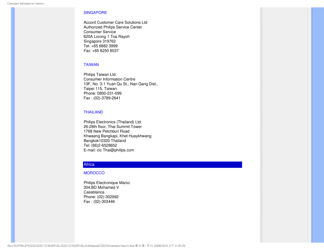 Philips 221E user manual Singapore, Taiwan, Thailand, Morocco 