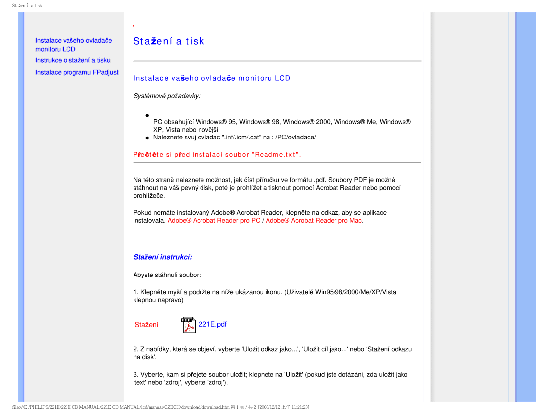 Philips 221E user manual Stažení a tisk, Instalace vašeho ovladače monitoru LCD 