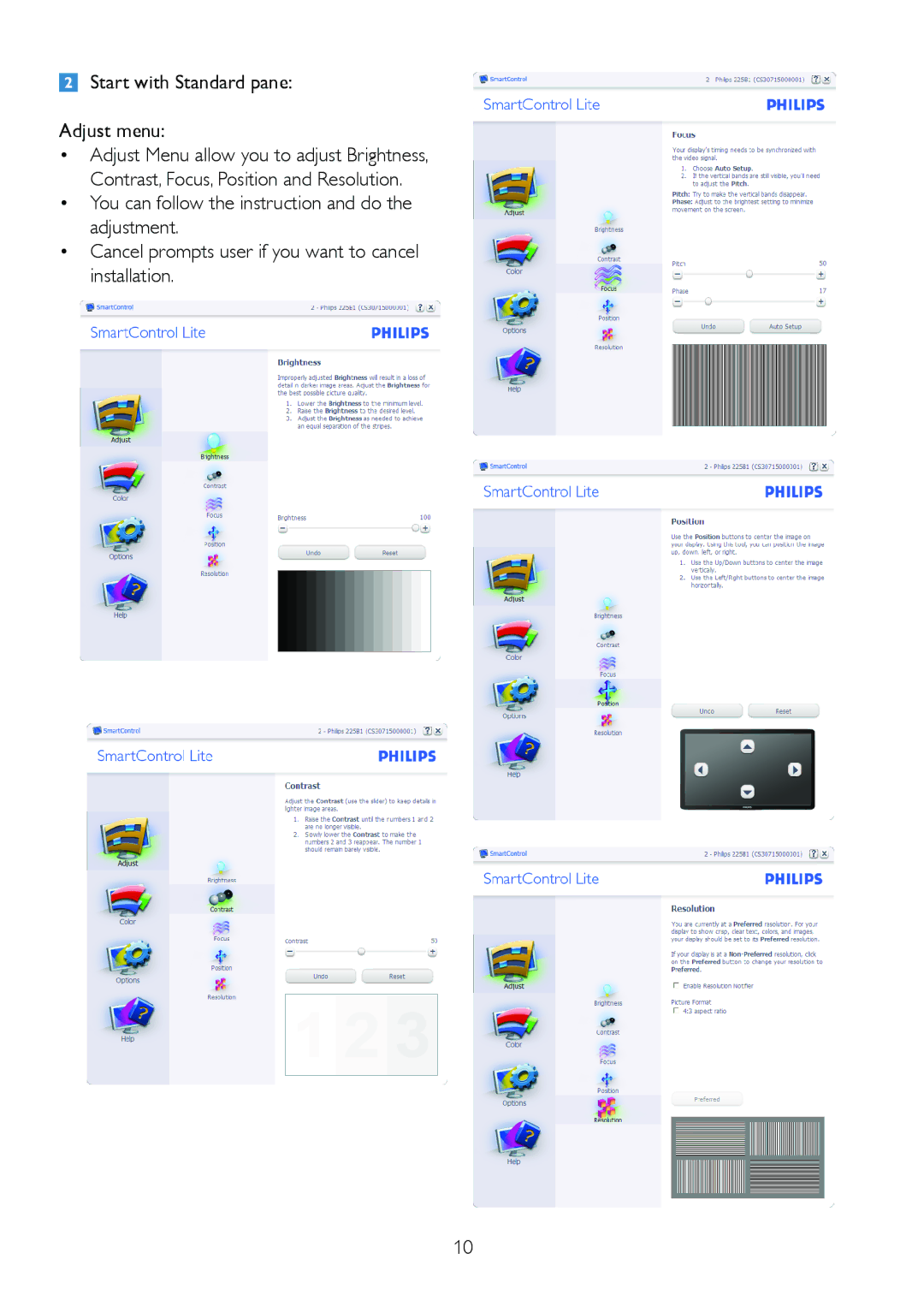 Philips 2.21E+04 user manual Start with Standard pane Adjust menu 