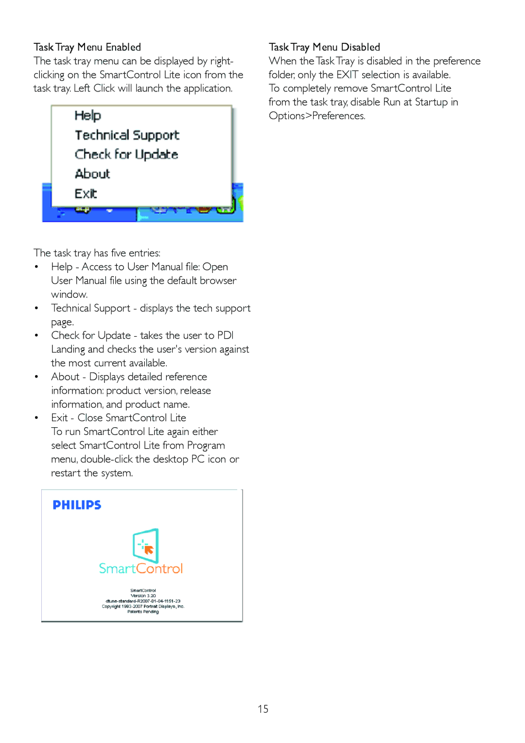 Philips 2.21E+04 user manual Task Tray Menu Enabled, Exit Close SmartControl Lite, Task Tray Menu Disabled 