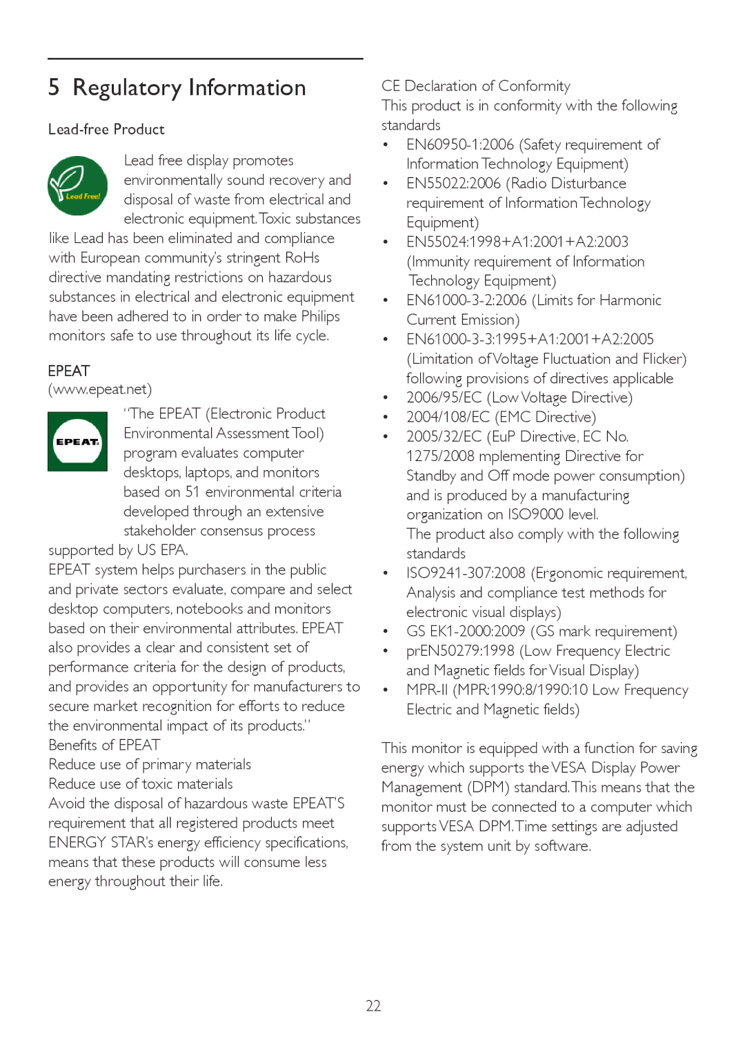 Philips 2.21E+04 user manual Lead-free Product, Epeat Electronic Product, Supported by US EPA, EN550241998+A12001+A22003 