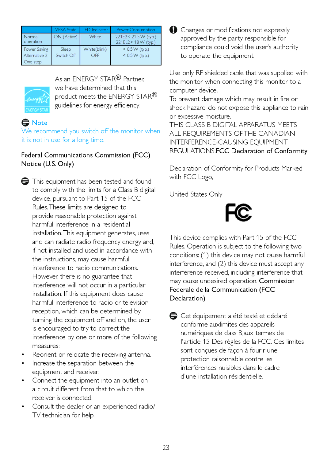 Philips 2.21E+04 Federal Communications Commission FCC Notice U.S. Only, Reorient or relocate the receiving antenna 