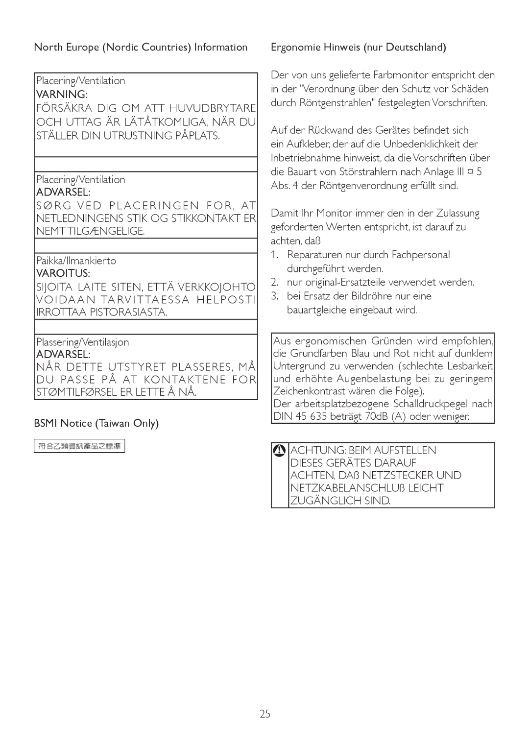 Philips 2.21E+04 user manual Varoitus, Achtung Beim Aufstellen 