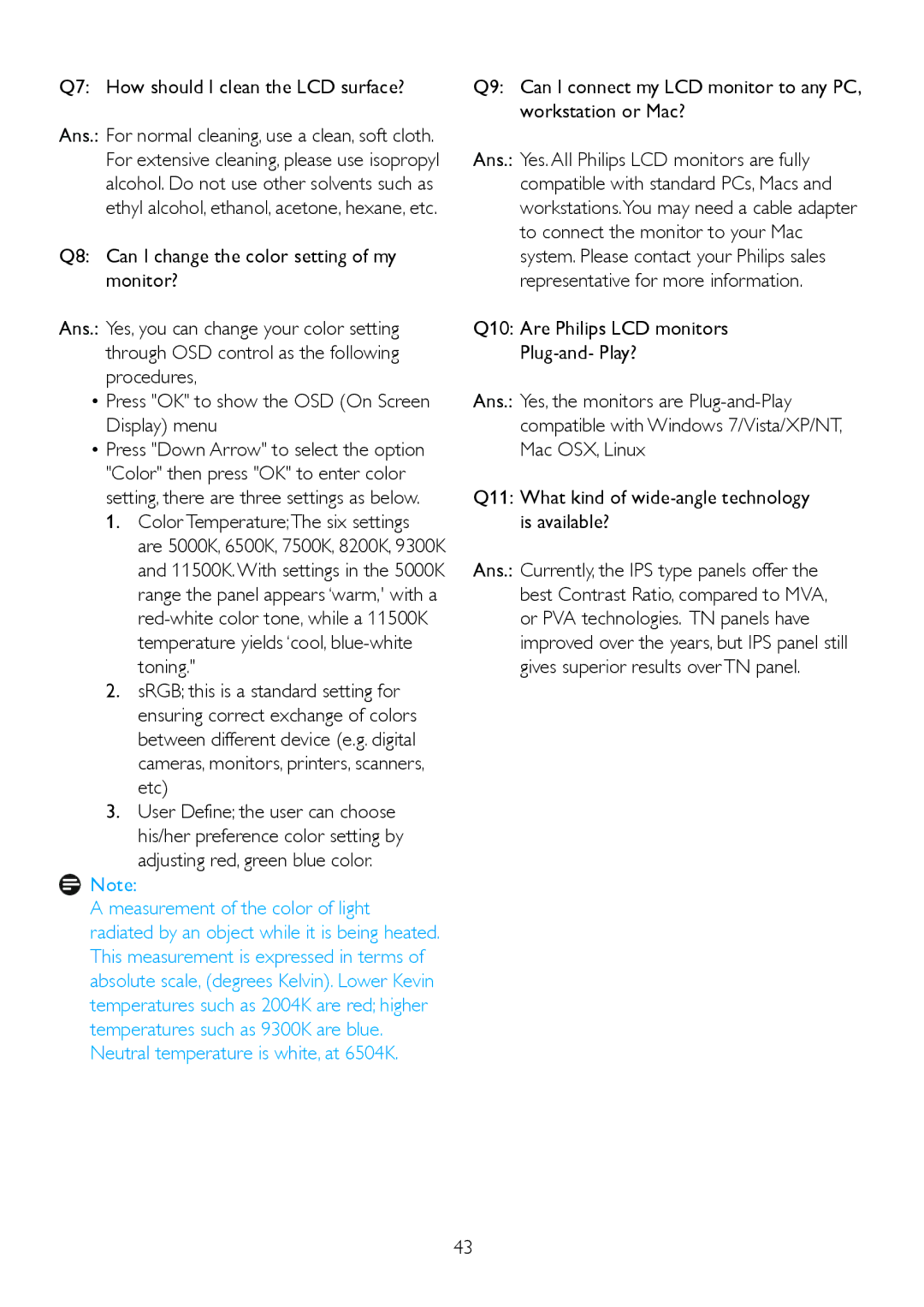 Philips 2.21E+04 user manual Q7 How should I clean the LCD surface?, Color TemperatureThe six settings 