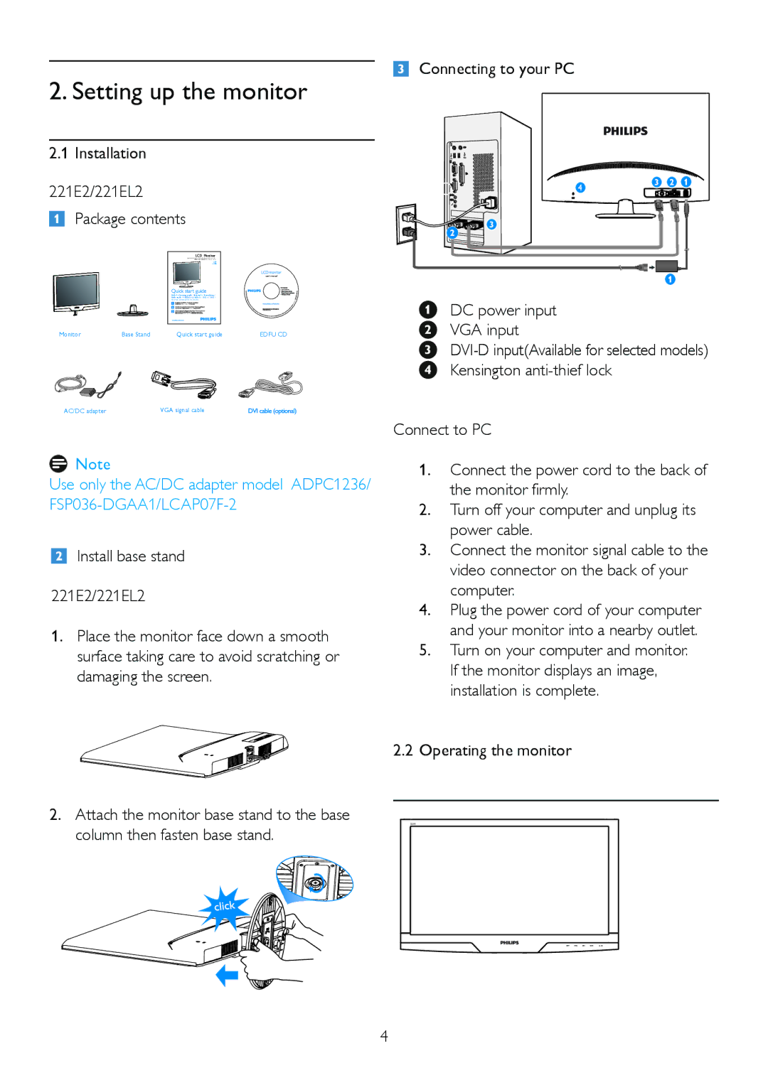 Philips 2.21E+04 user manual Setting up the monitor, Installation 221E2/221EL2 Package contents 