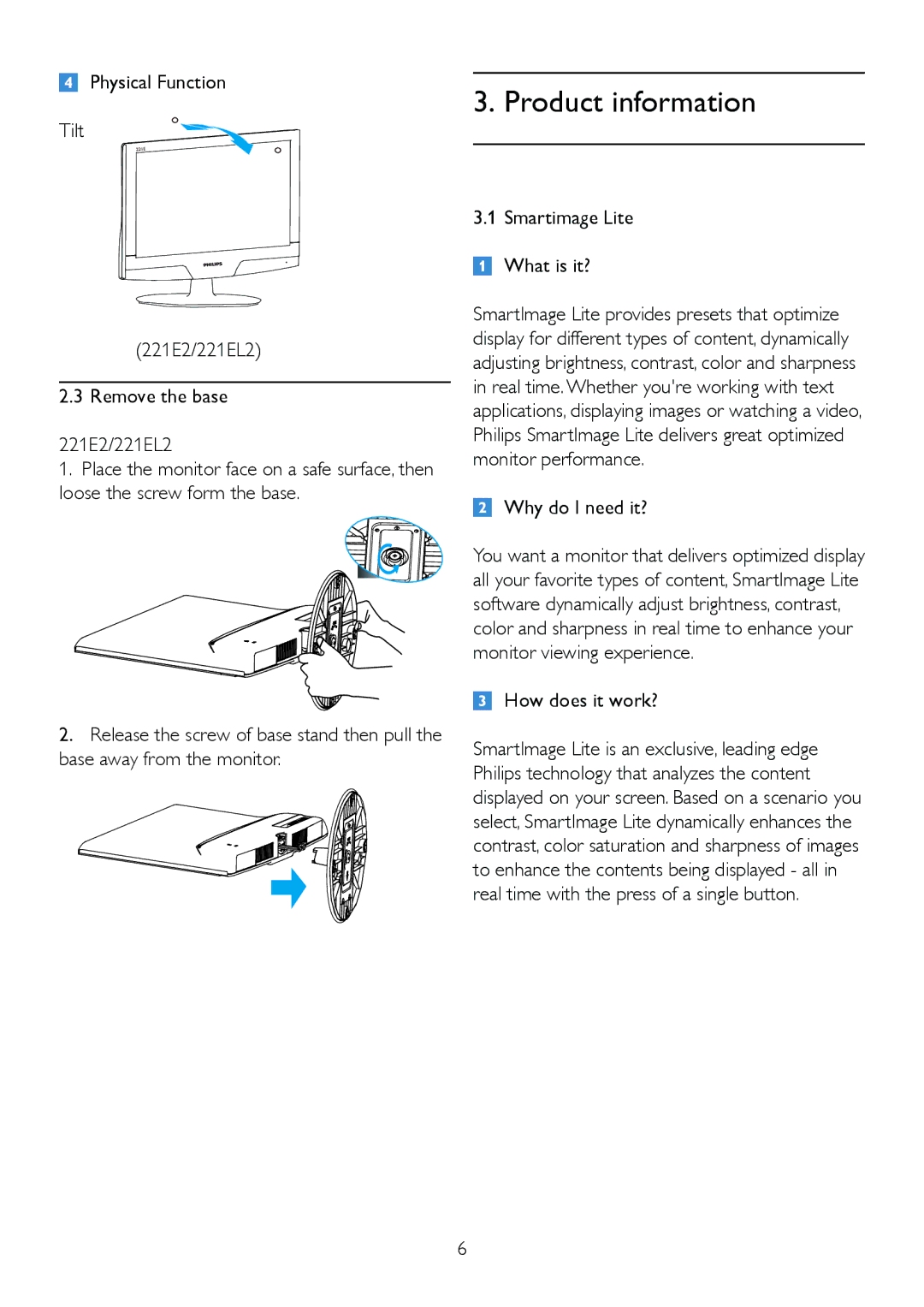 Philips 2.21E+04 user manual Tilt Smartimage Lite What is it?, Remove the base Real time.Whether youre working with text 