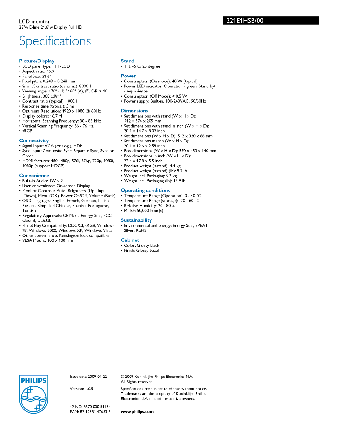 Philips 221E1HSB manual Picture/Display, Connectivity, Convenience, Stand, Power, Dimensions, Operating conditions, Cabinet 