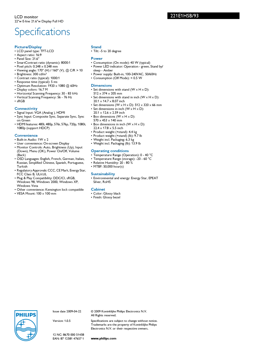 Philips 221E1HSB/93 Picture/Display, Connectivity, Convenience, Stand, Power, Dimensions, Operating conditions, Cabinet 