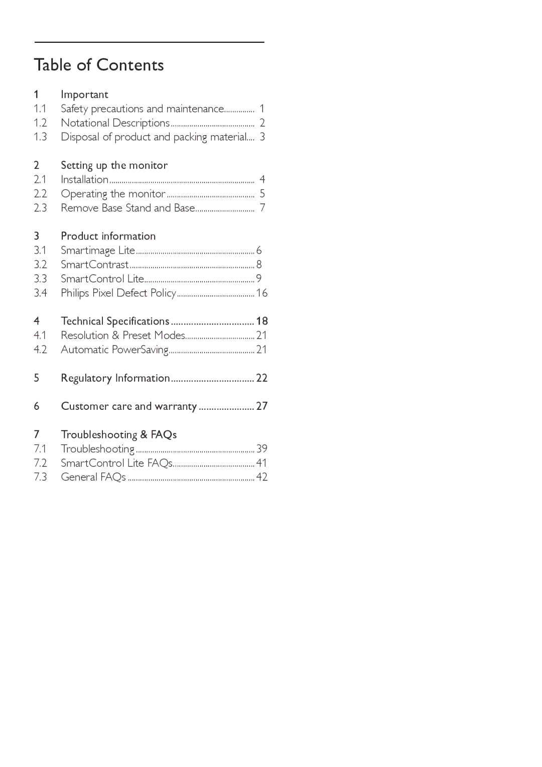 Philips 221EL2, 221E2SB/00 user manual Table of Contents 