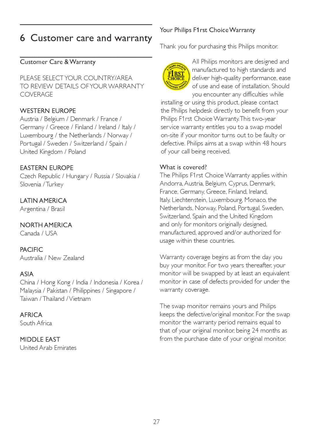 Philips 221E2SB/00, 221EL2 user manual Eastern Europe, Latin America, North America, Pacific, Asia, Africa, Middle East 