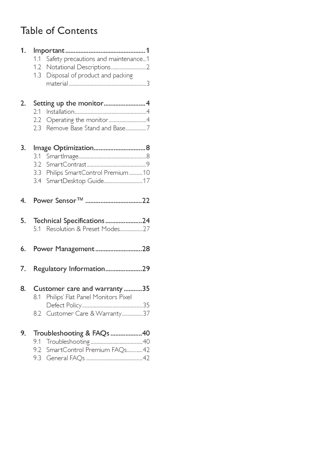 Philips 221P3 user manual Table of Contents 