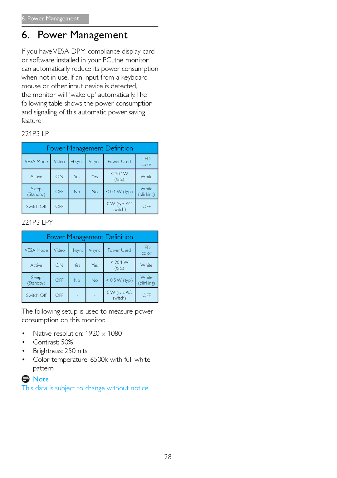 Philips 221P3 user manual Power Management, Led 