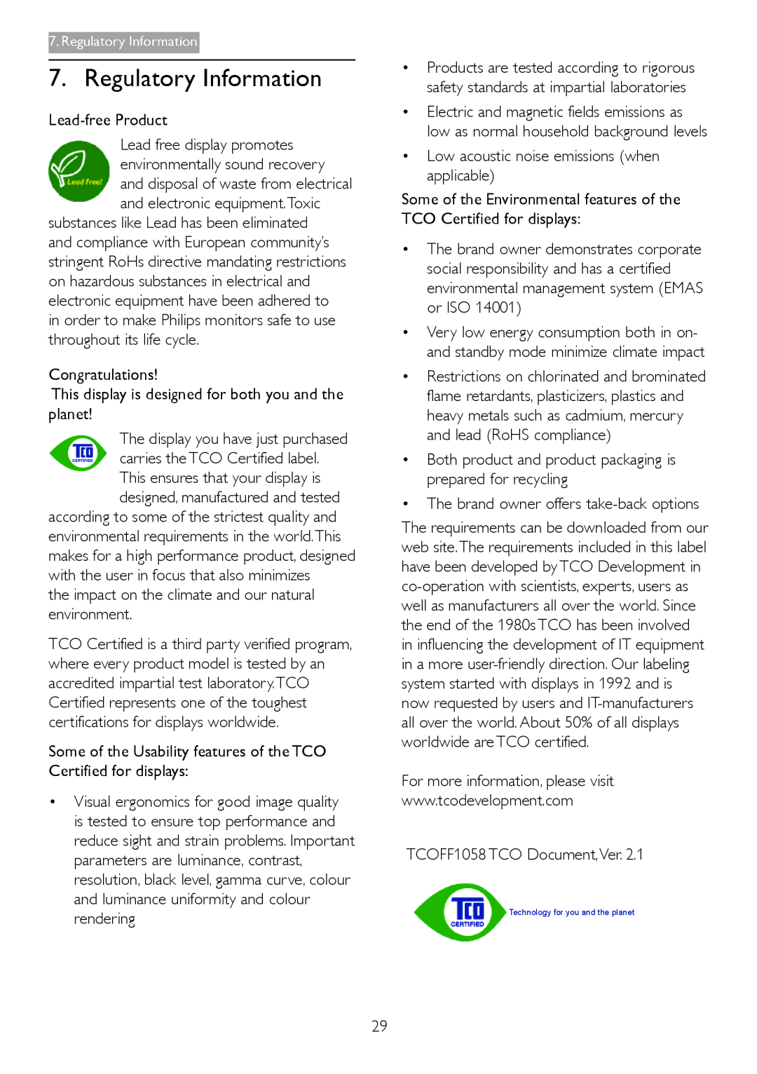 Philips 221P3 user manual Regulatory Information, Lead-free Product, Impact on the climate and our natural environment 