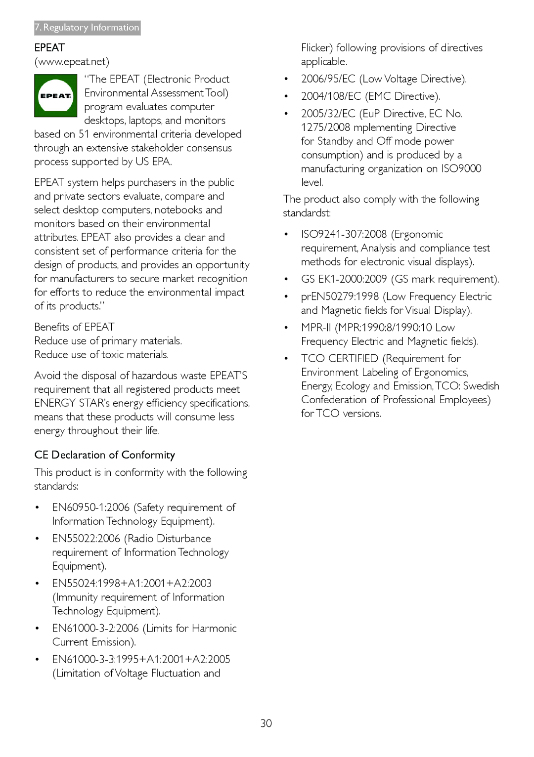 Philips 221P3 user manual Epeat Electronic Product, EN61000-3-22006 Limits for Harmonic Current Emission 