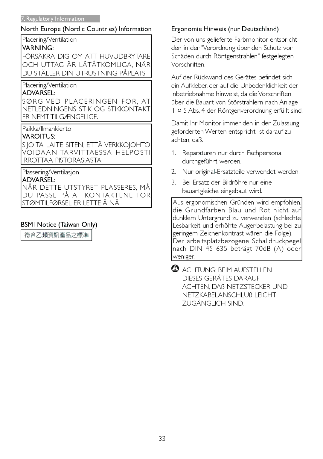 Philips 221P3 user manual Varning, Varoitus, Achtung Beim Aufstellen 