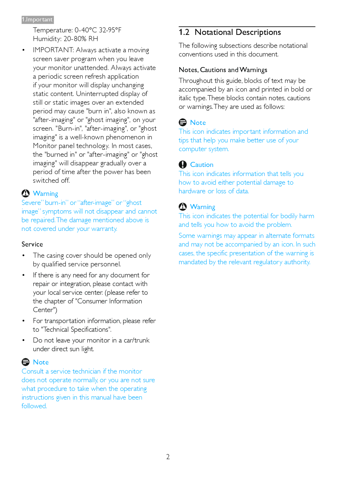 Philips 221P3 user manual Notational Descriptions, Temperature 0-40C 32-95F Humidity 20-80% RH 