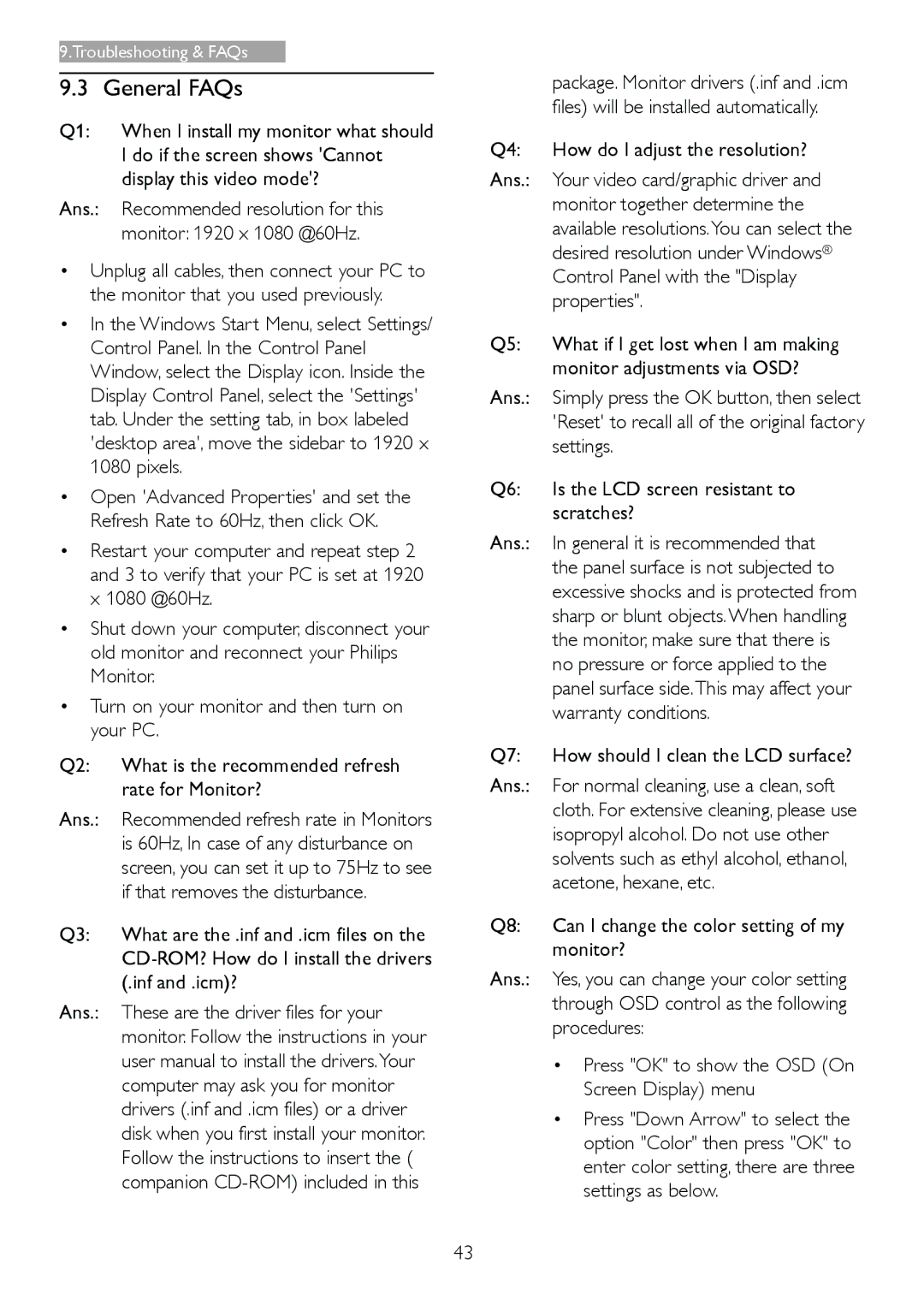 Philips 221P3 user manual General FAQs 