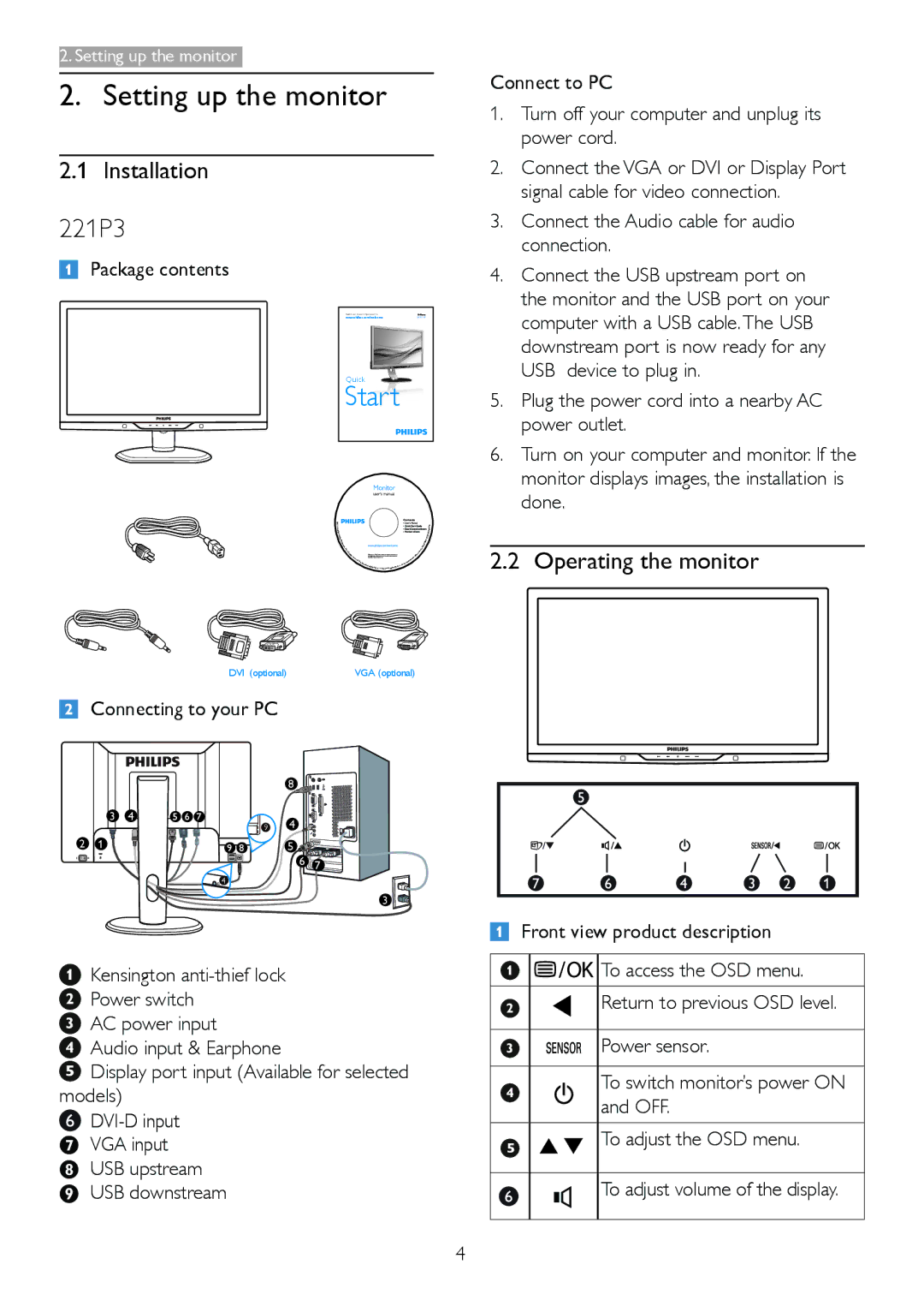 Philips 221P3 user manual Setting up the monitor, Installation, Operating the monitor 