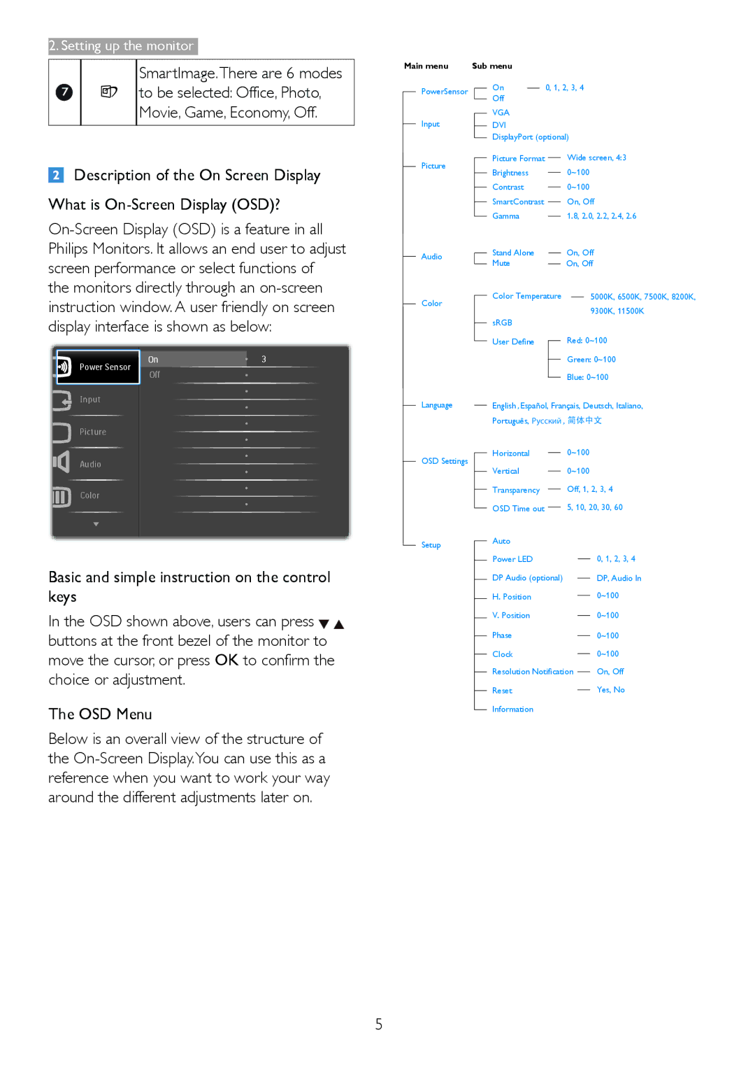 Philips 221P3 user manual Main menu Sub menu 