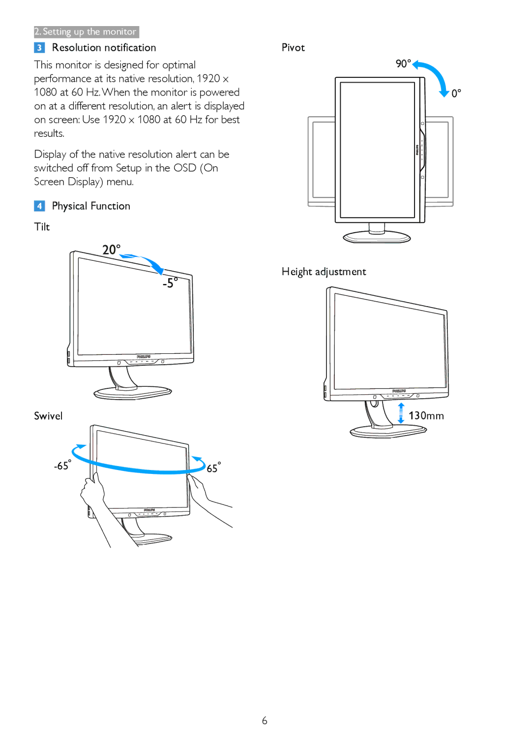 Philips 221P3 user manual Setting up the monitor 